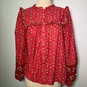 Joie Ruffle Prairie Blouse Boho Top Floral Cotton Women Size Large Pink Peasant